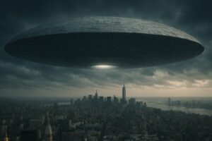 曇り空の都市上空に浮かぶ巨大円盤型UFO