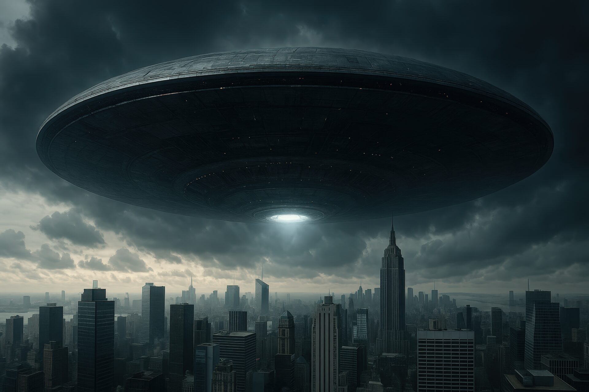 高層ビル群の上に浮かぶ巨大なUFOと曇り空