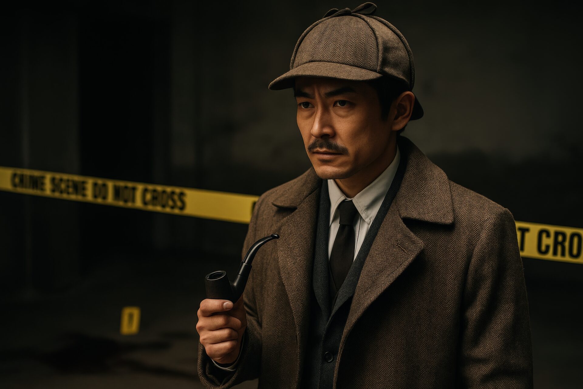 犯罪現場でパイプを手に推理するクラシックな探偵