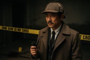 犯罪現場でパイプを手に推理するクラシックな探偵