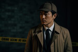 警戒線前で事件を見つめるクラシックな探偵