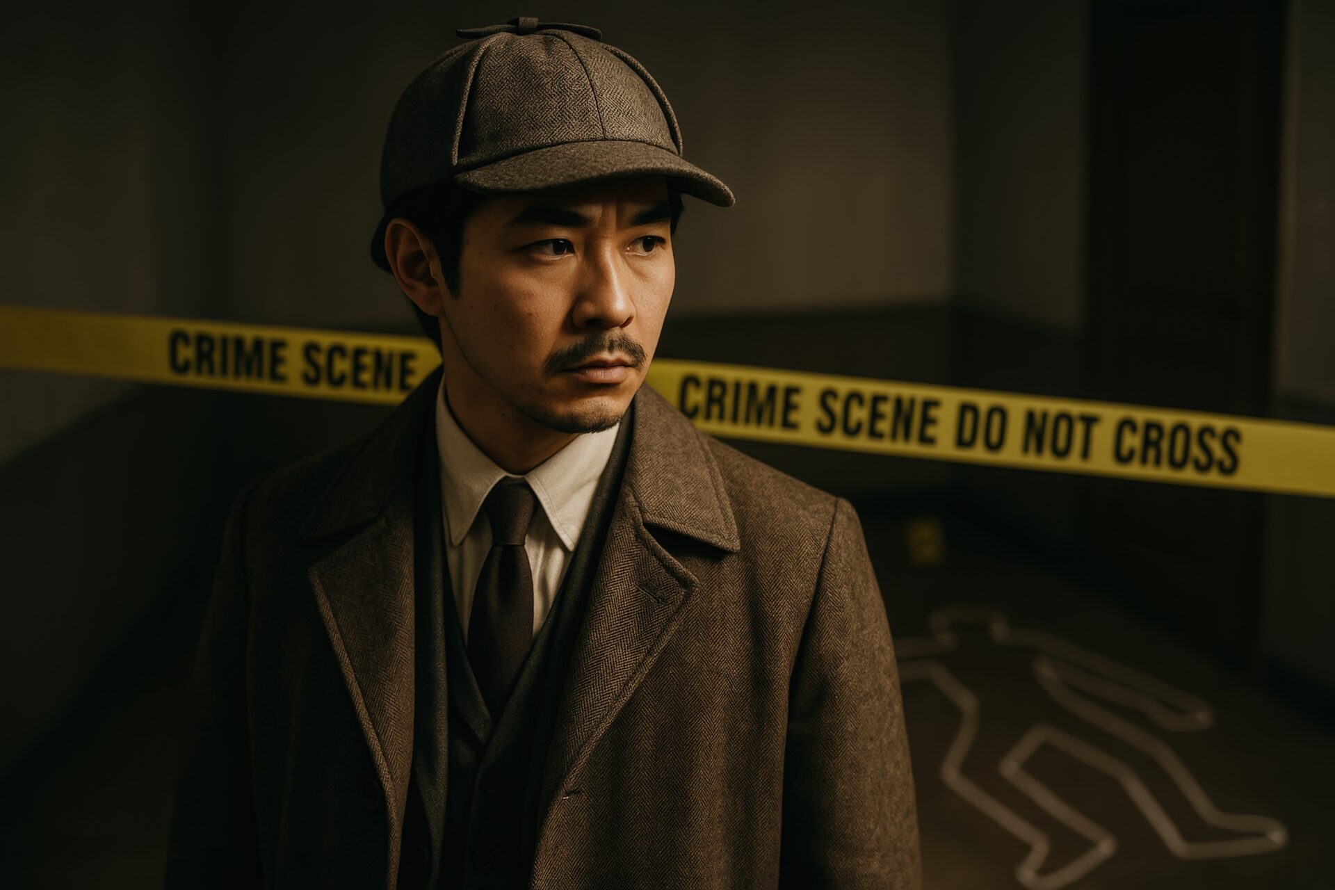 室内の事件現場で捜査を続ける探偵