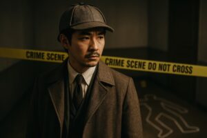 室内の事件現場で捜査を続ける探偵