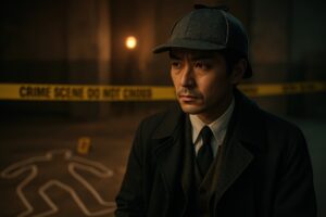 遺体の形跡前で推理する探偵の横顔