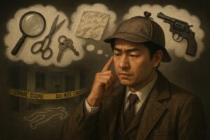 事件の証拠について思案するクラシック探偵のイラスト