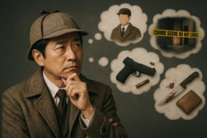 凶器と容疑者を思い浮かべる探偵のイラスト