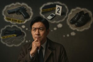 証拠と遺体の状況を考察する探偵のイラスト