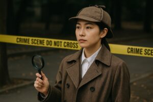 現場を調査する若い女性探偵