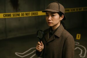 現場に立つ拡大鏡を持った女性探偵