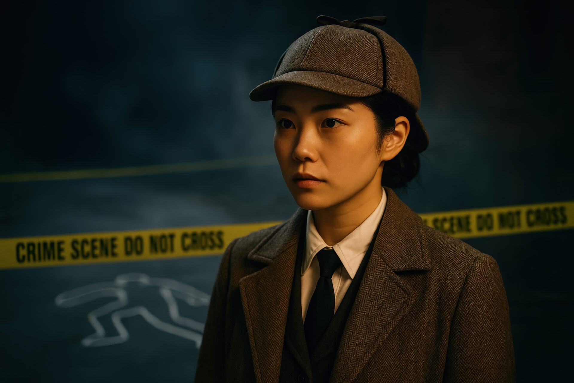 夜の現場に立つ若い女性探偵