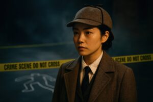 夜の現場に立つ若い女性探偵