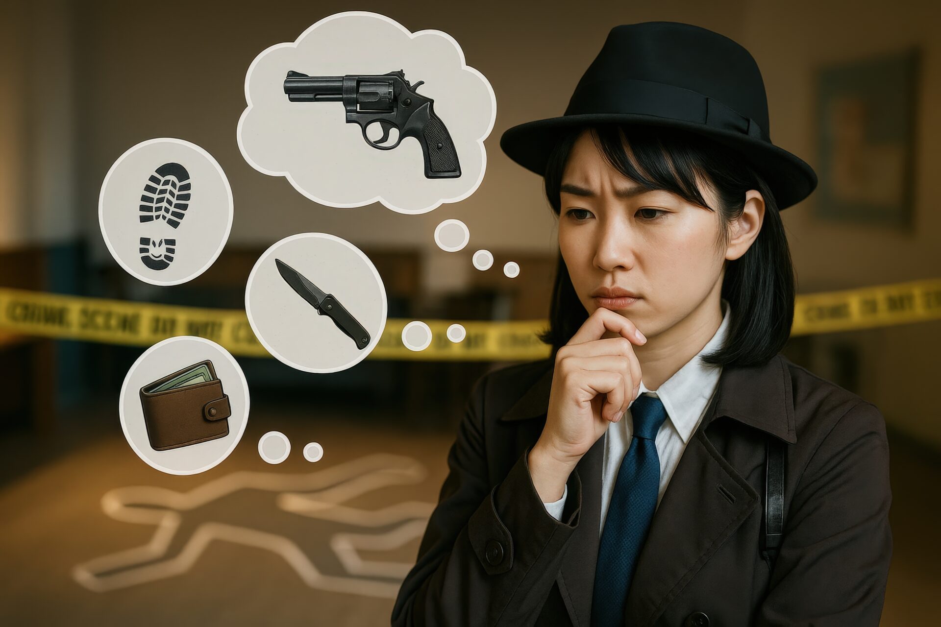 凶器と手がかりについて考察する女性探偵