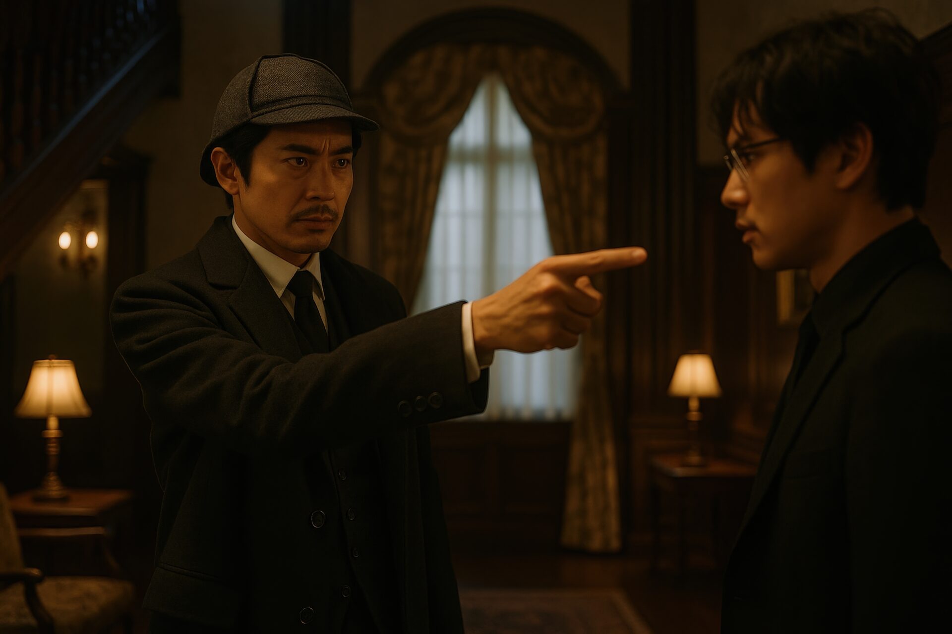 容疑者を指差すクラシックな男性探偵