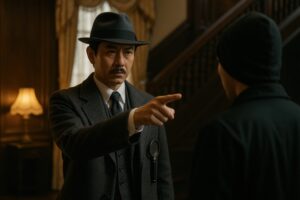 容疑者を見つめながら指摘する男性探偵