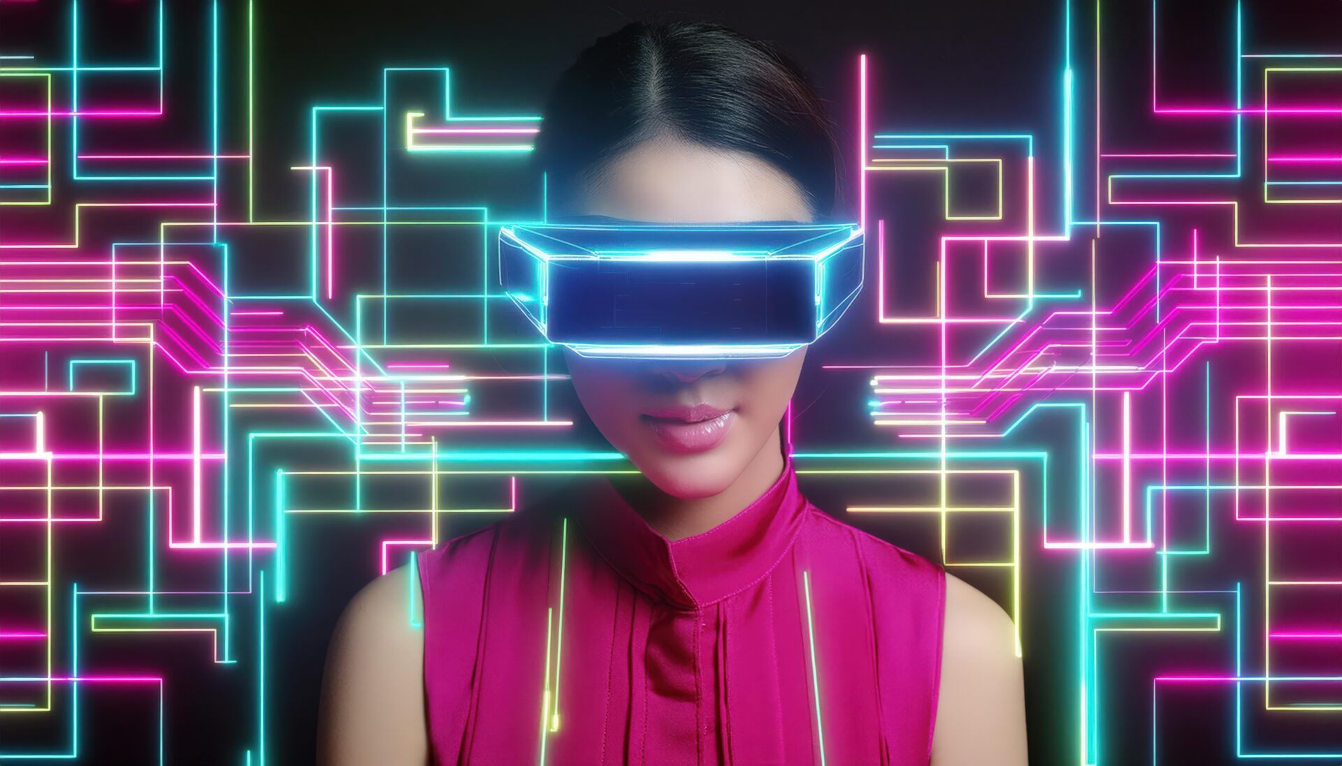 サイバーパンクの背景とVRゴーグルの女性