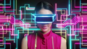 サイバーパンクの背景とVRゴーグルの女性