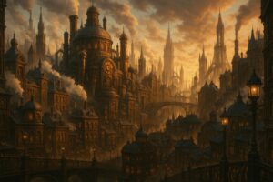 夕暮れの蒸気都市に立ち並ぶスチームパンク建築群