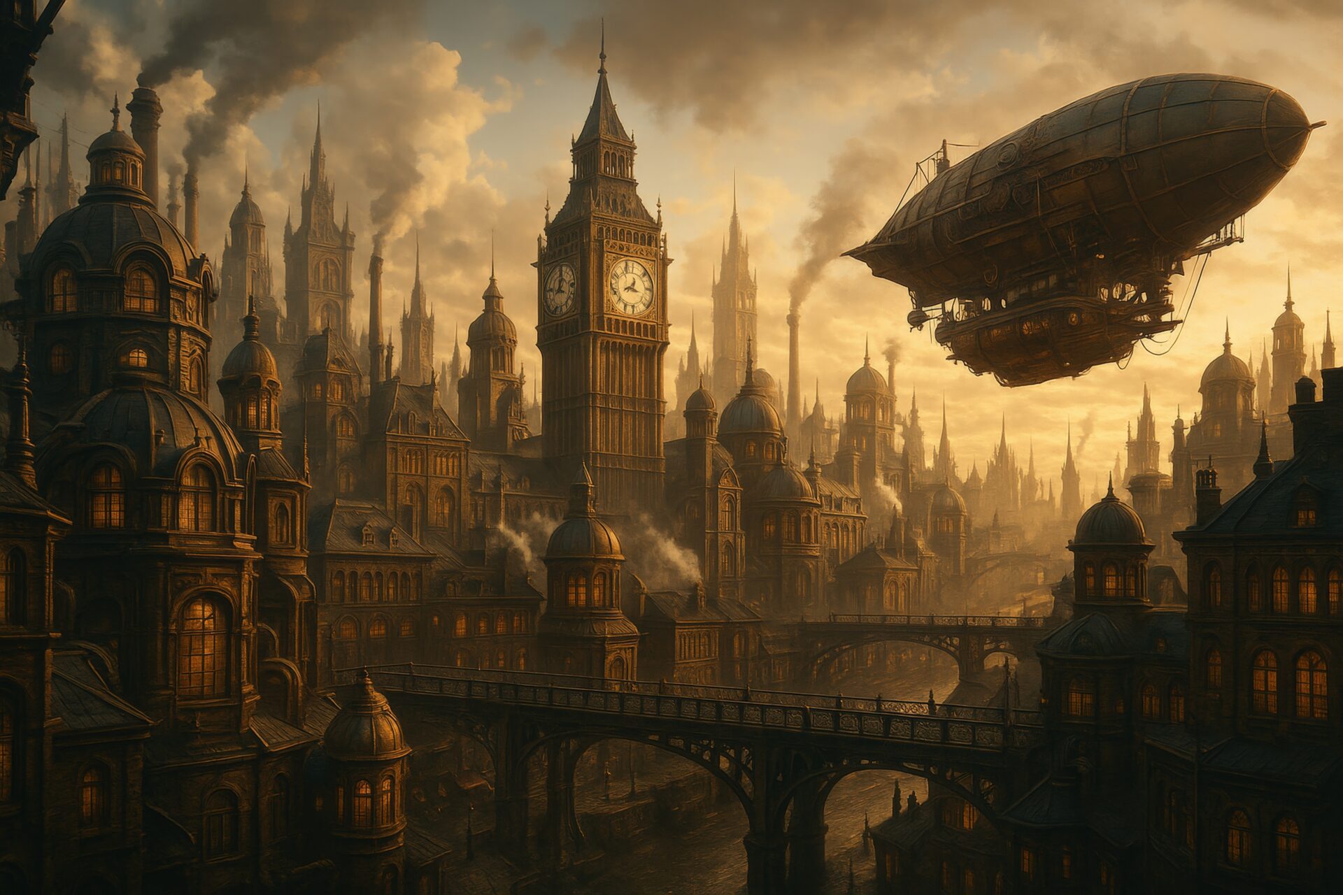 巨大な飛行船が浮かぶスチームパンク都市と時計塔