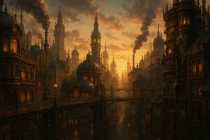 煙と夕日が包むスチームパンク風の都市景観