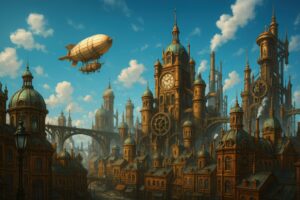 青空の下を飛行船が漂うスチームパンク都市