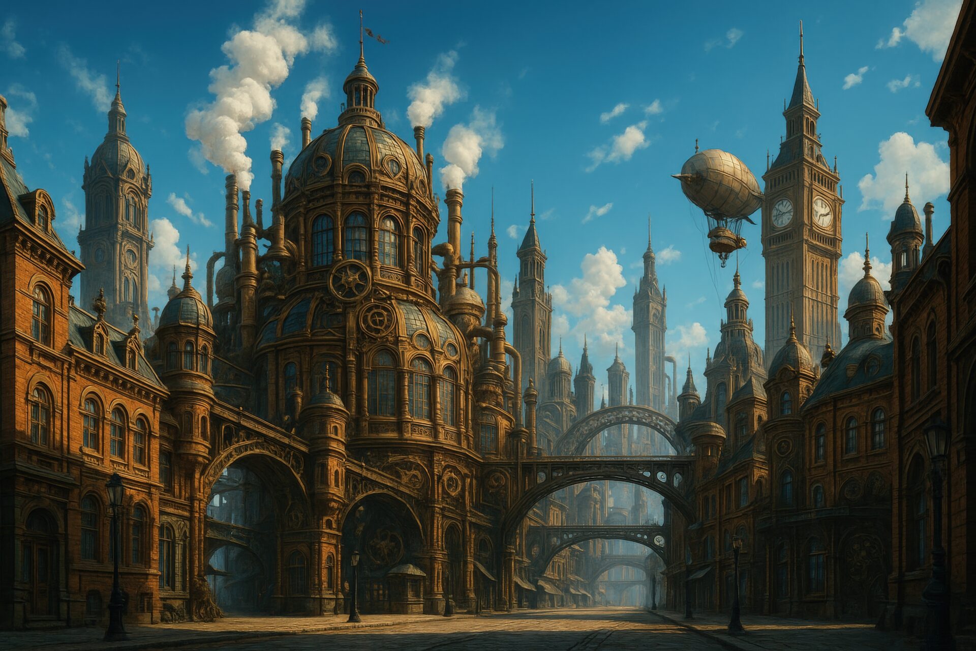 煙突が立ち並ぶ青空のスチームパンク都市と飛行船