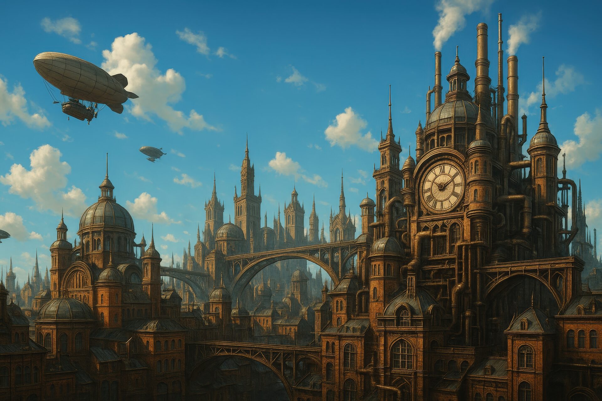 青空の下に広がるスチームパンク建築と巨大時計塔