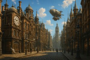 街並みを見下ろす飛行船とスチームパンク時計塔