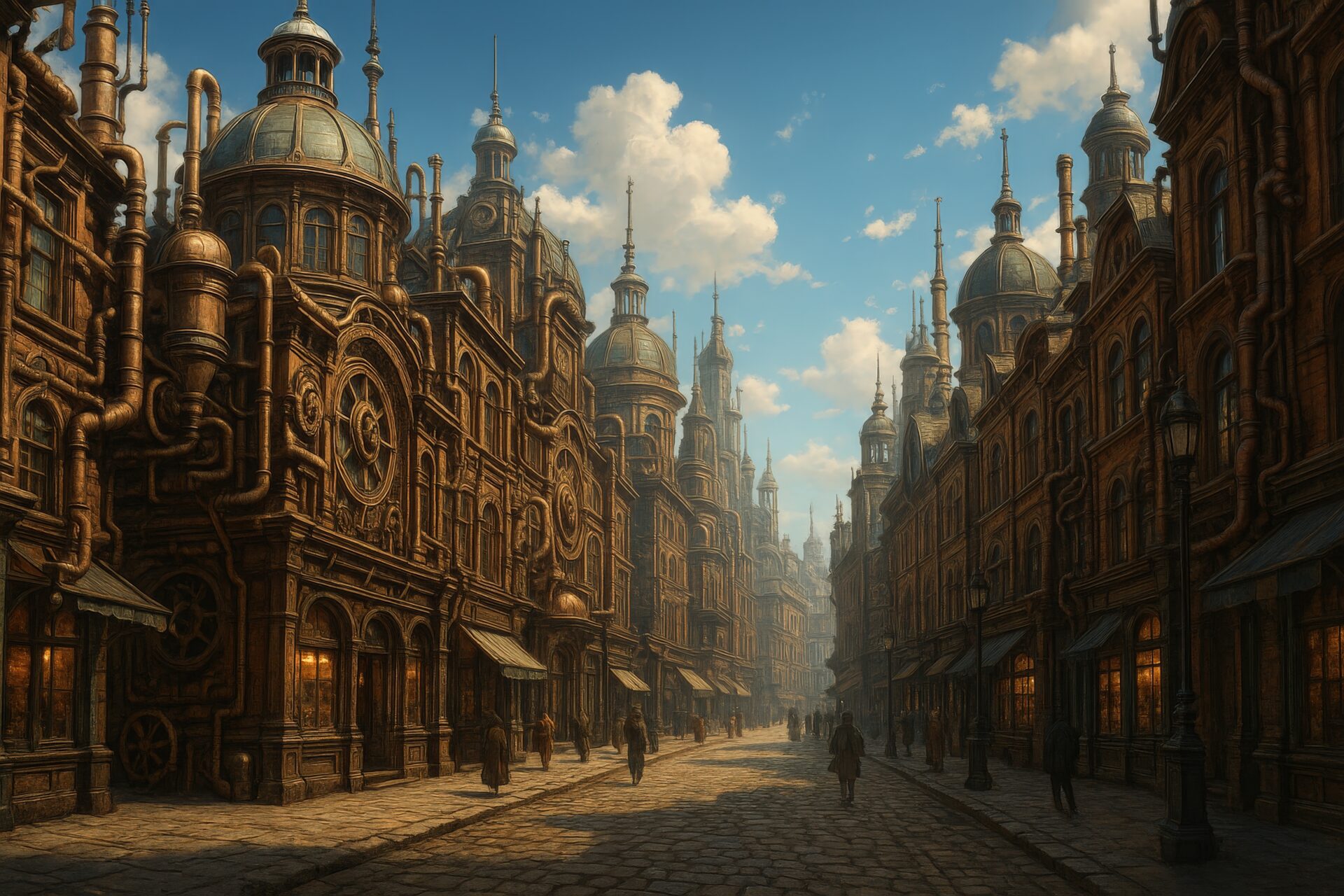 石畳の街路に並ぶスチームパンク建築と人々