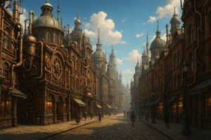 石畳の街路に並ぶスチームパンク建築と人々