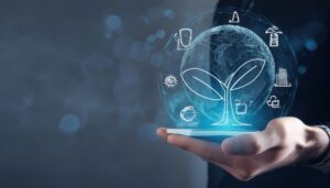 手の上に浮かぶデジタルな地球と環境アイコン