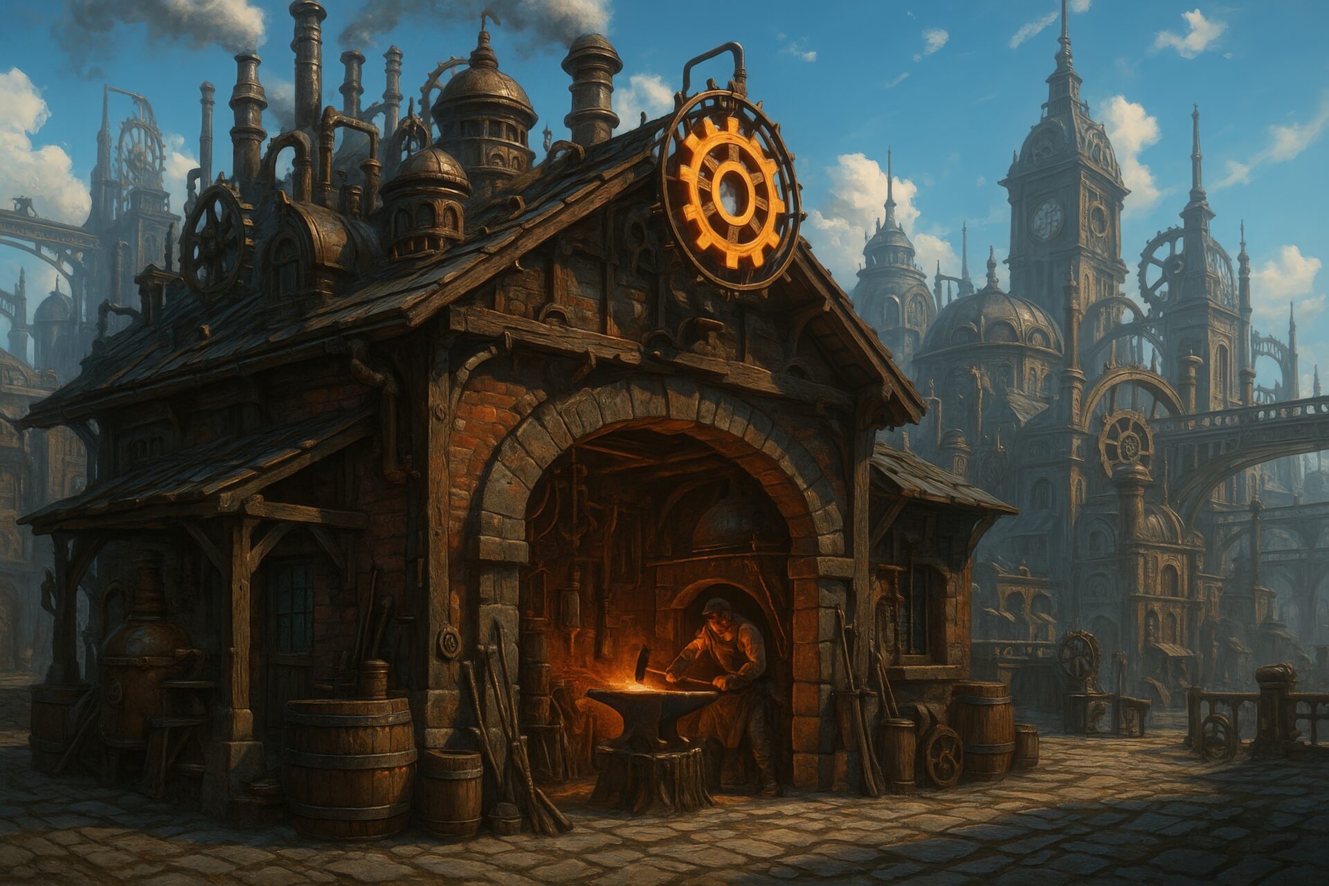 鍛冶場の職人が働くスチームパンクの作業小屋
