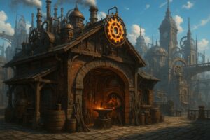 鍛冶場の職人が働くスチームパンクの作業小屋