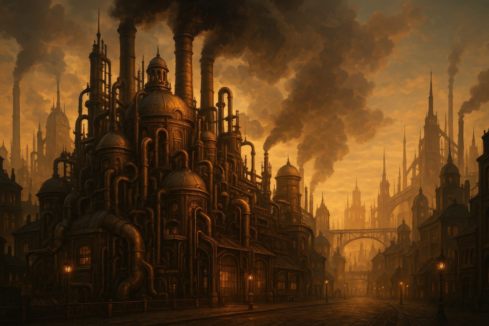 夕暮れの煙に包まれたスチームパンク工場都市