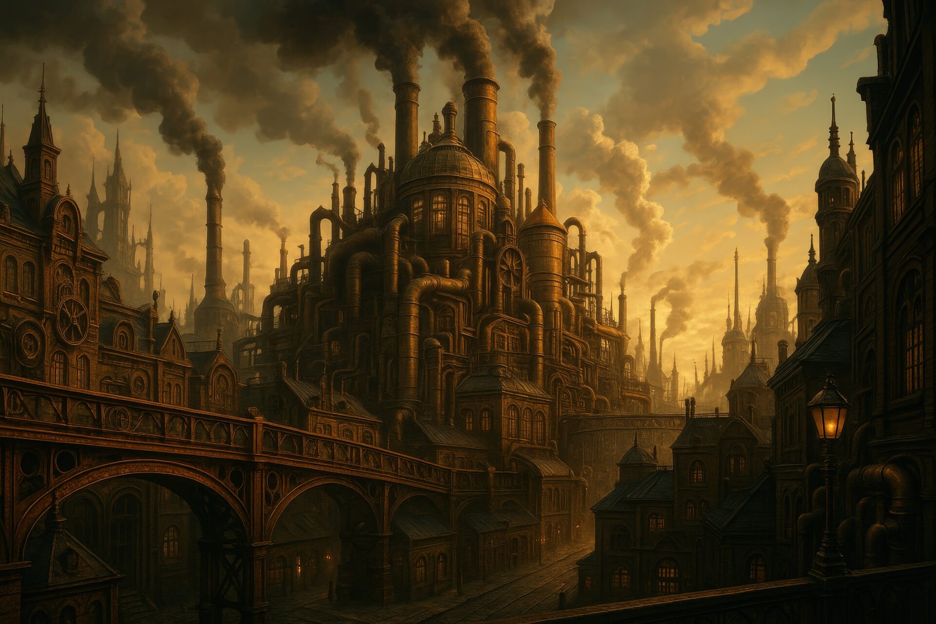 煙突が並ぶ蒸気都市と橋のあるスチームパンク街