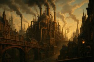 煙突が並ぶ蒸気都市と橋のあるスチームパンク街