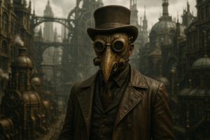 ガスマスク風の仮面を着けたスチームパンク人物