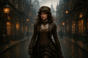 スチームパンクの街並みを歩くレザー衣装の女性