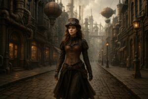 飛行船が浮かぶスチームパンクの都市と帽子の女性