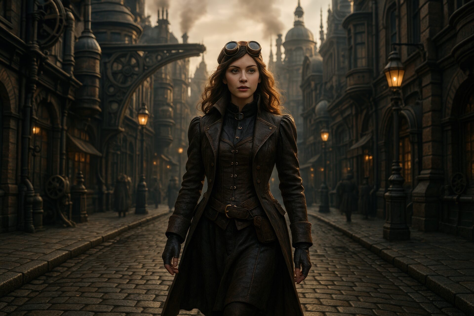 煙が立ち上るスチームパンクの都市とレザー衣装の女性