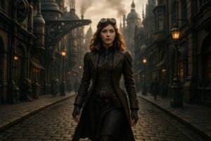 煙が立ち上るスチームパンクの都市とレザー衣装の女性