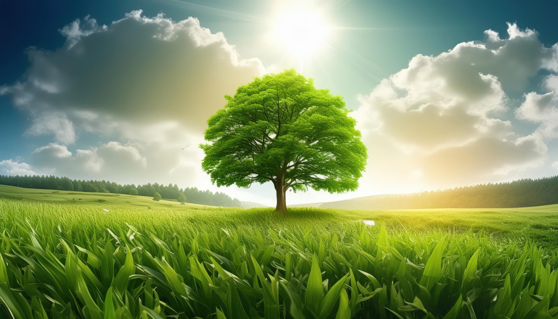 緑豊かな草原に立つ一本の木