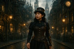 スチームパンク風の建物を背景に歩く帽子の女性
