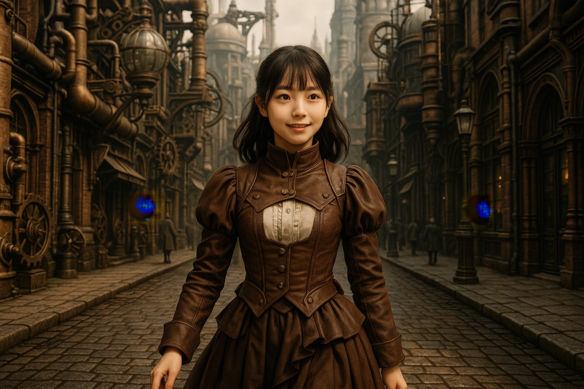 笑顔の若い女性が立つスチームパンクの街角