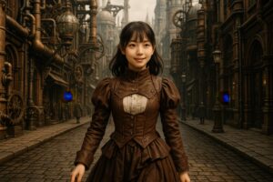 笑顔の若い女性が立つスチームパンクの街角