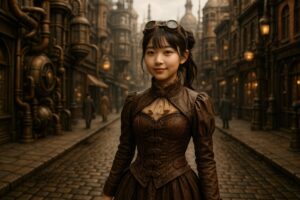 ゴーグルを付けた若い女性とスチームパンクの街