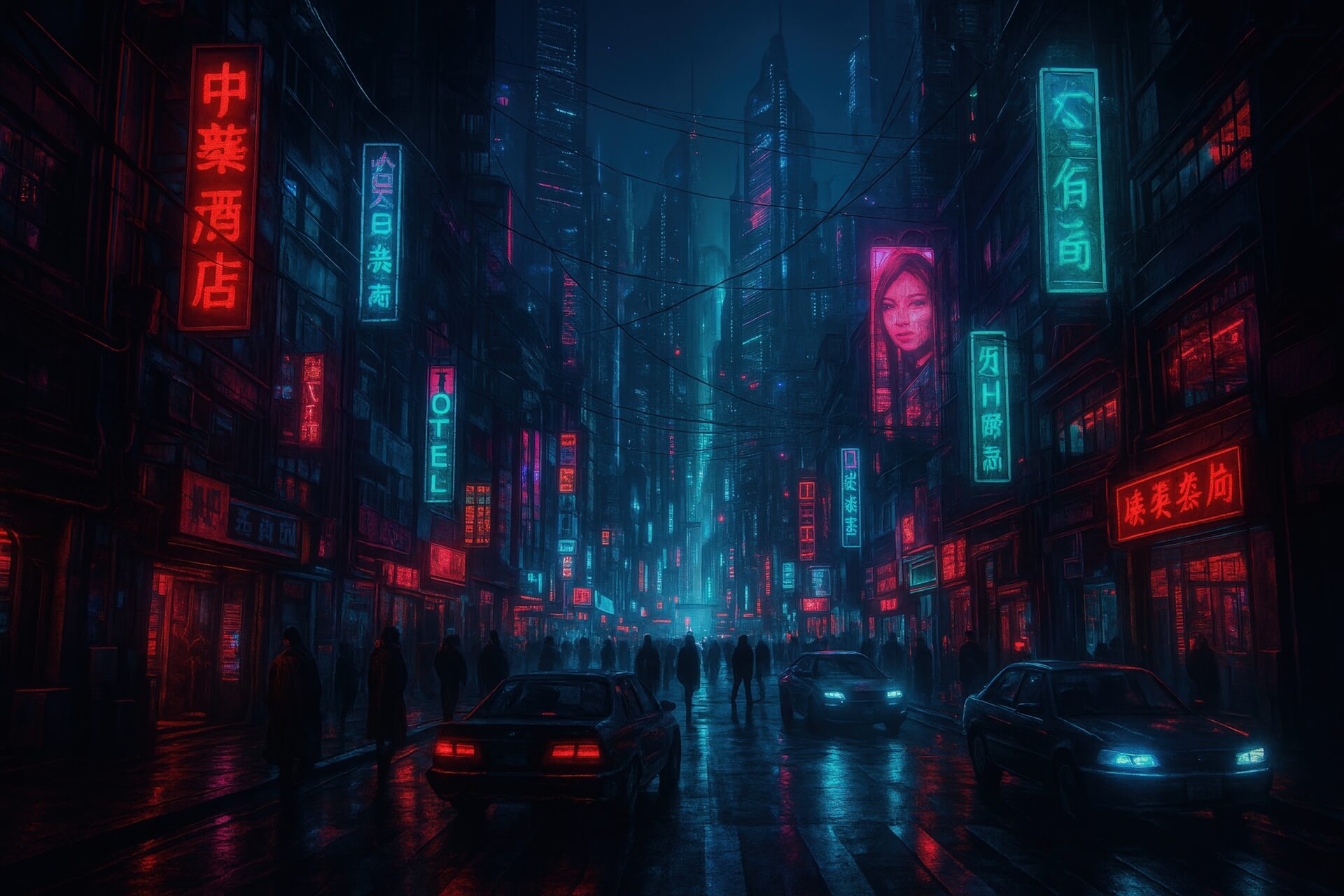 ネオン街に車と人が行き交うサイバーパンクな都市夜景