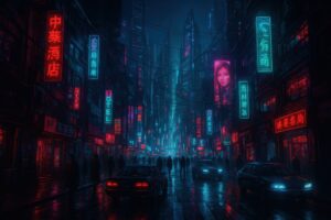 ネオン街に車と人が行き交うサイバーパンクな都市夜景