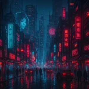 都市のネオン看板に囲まれたサイバーパンクな夜の通り