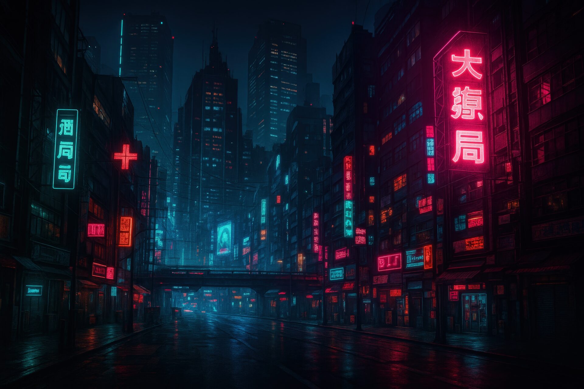 人気のないネオン街と高層ビルが広がるサイバーパンクな夜景