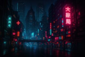 人気のないネオン街と高層ビルが広がるサイバーパンクな夜景